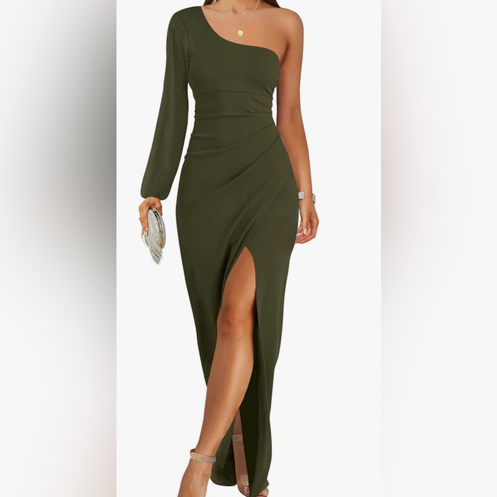 Zesica olive green one shoulder long sleeve dress